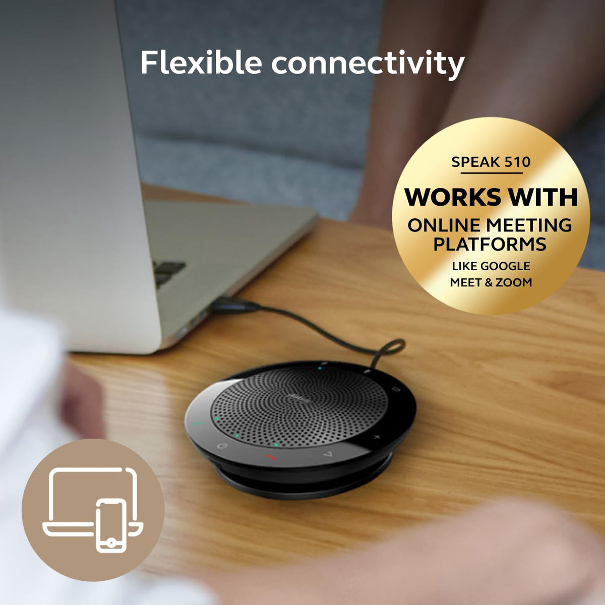 Jabra Speak 510 versatile platform compatibility across Teams Meet Zoom.