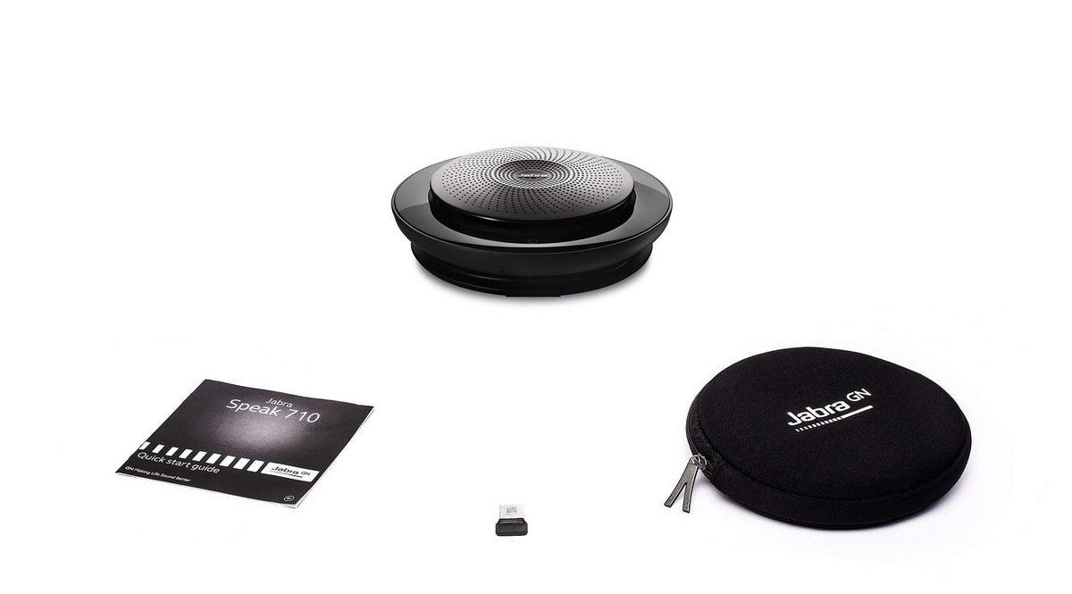 Compact desktop setup with Jabra Speak 710 for easy placement
