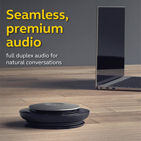 Jabra Speak 750 in use during a remote meeting with colleagues.