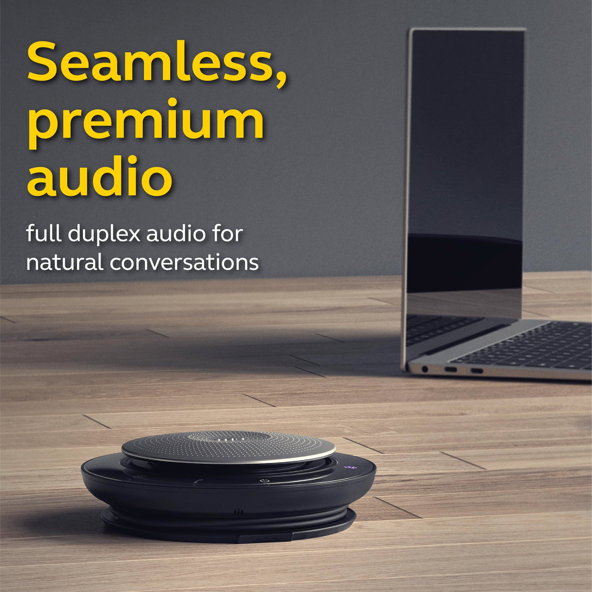 Jabra Speak 750 MS on desk setup shows plug-and-play simplicity