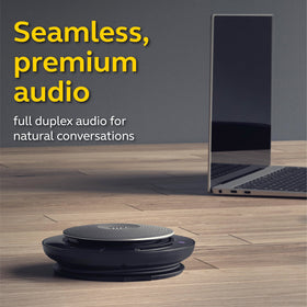 Jabra Speak 750 MS on desk setup shows plug-and-play simplicity