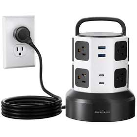 JACKYLED front tower view showing multiple outlets and compact footprint benefit: organized charging