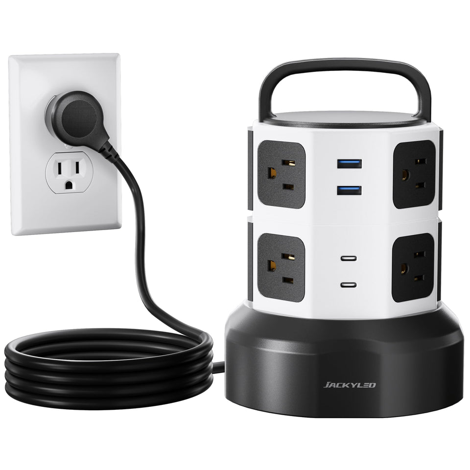 JACKYLED front tower view showing multiple outlets and compact footprint benefit: organized charging