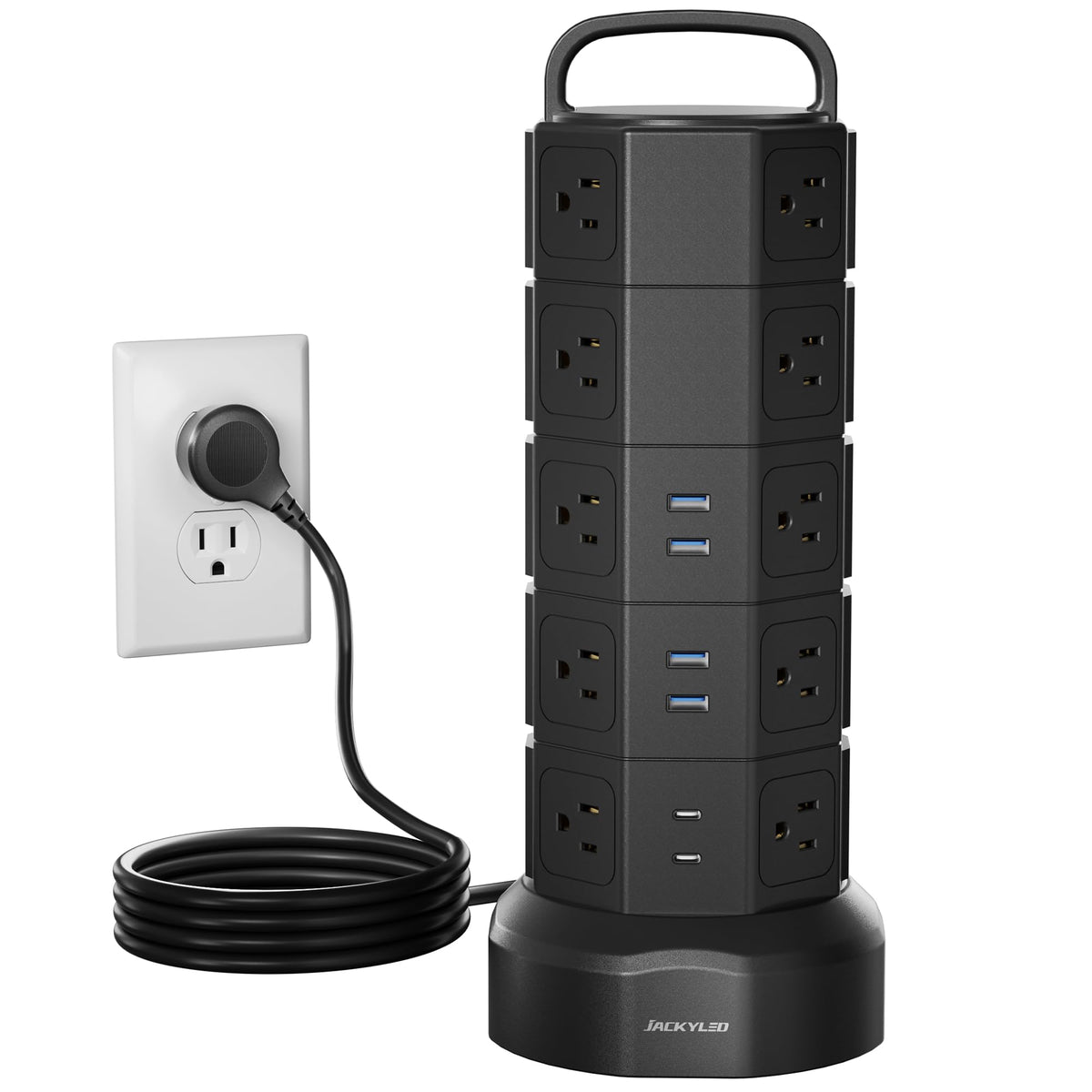 JACKYLED front view tower showing many outlets and compact footprint for organization