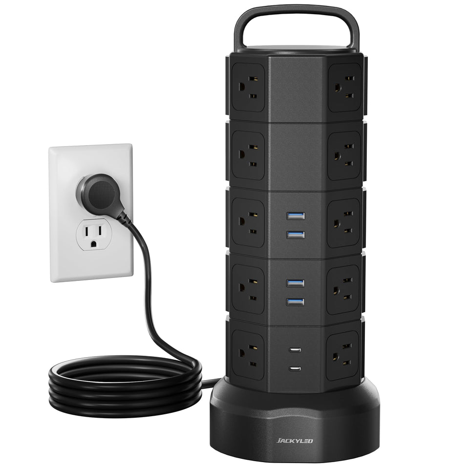 JACKYLED front view tower showing many outlets and compact footprint for organization