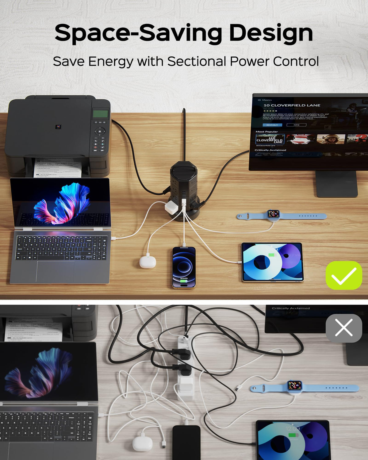 JACKYLED power tower integrated into a gaming setup to centralize console and PC power