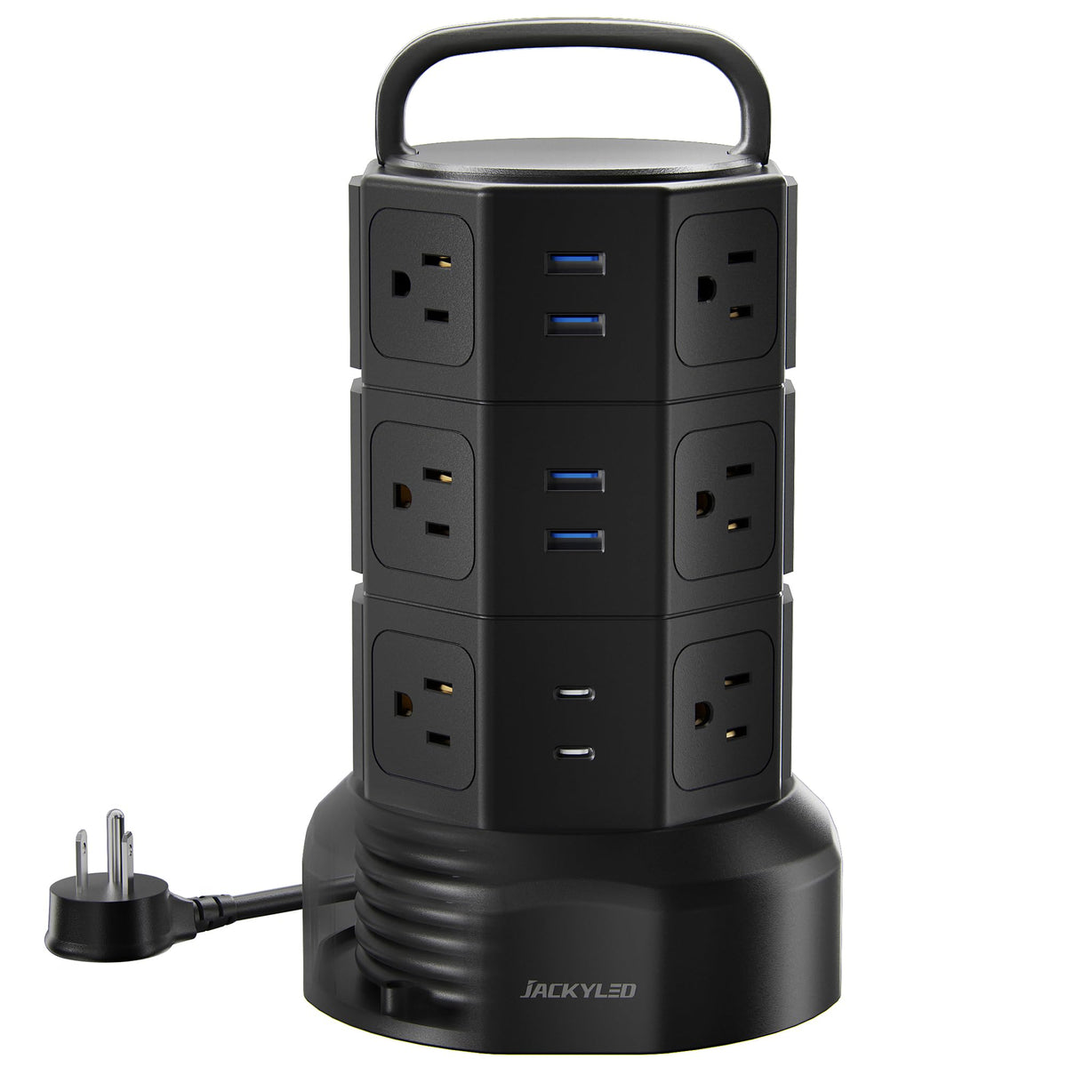 JACKYLED tower in a dorm room charging phone, tablet, and lamp for convenience