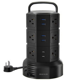 JACKYLED tower in a dorm room charging phone, tablet, and lamp for convenience