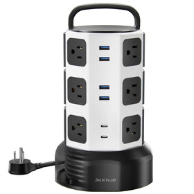 JACKYLED front view of tower showing all outlets and USB ports for organized charging