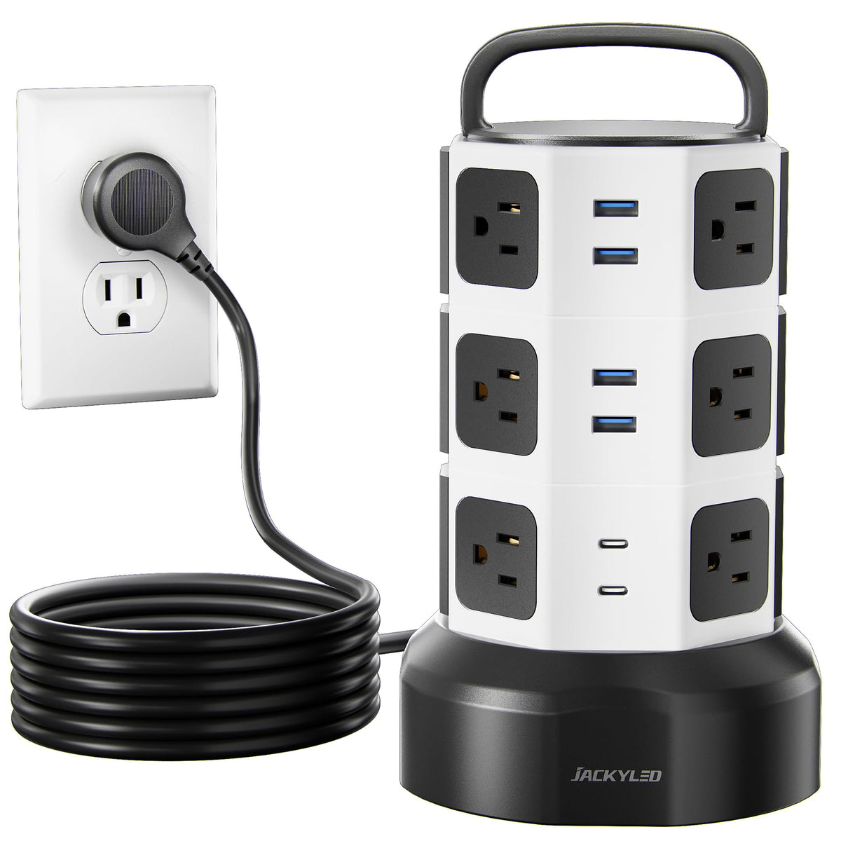 JACKYLED front view showing tower outlets and clean footprint benefit