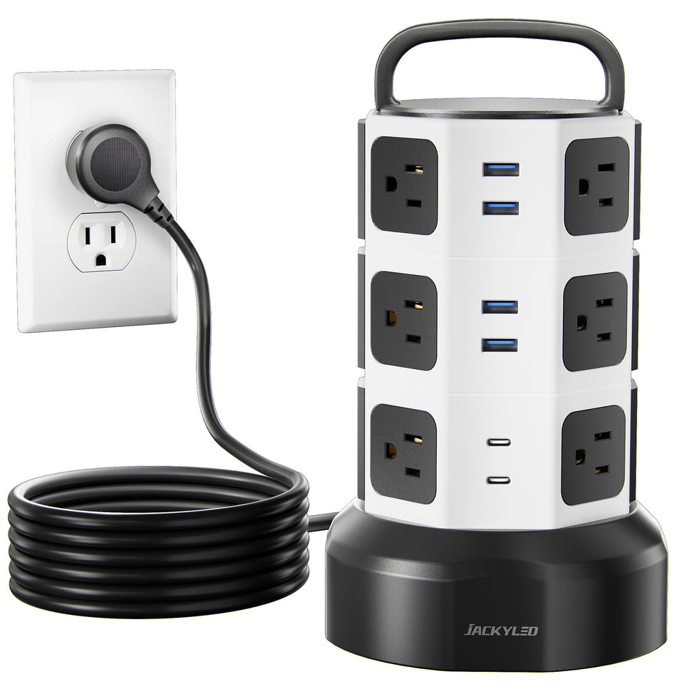 JACKYLED front view showing tower outlets and clean footprint benefit