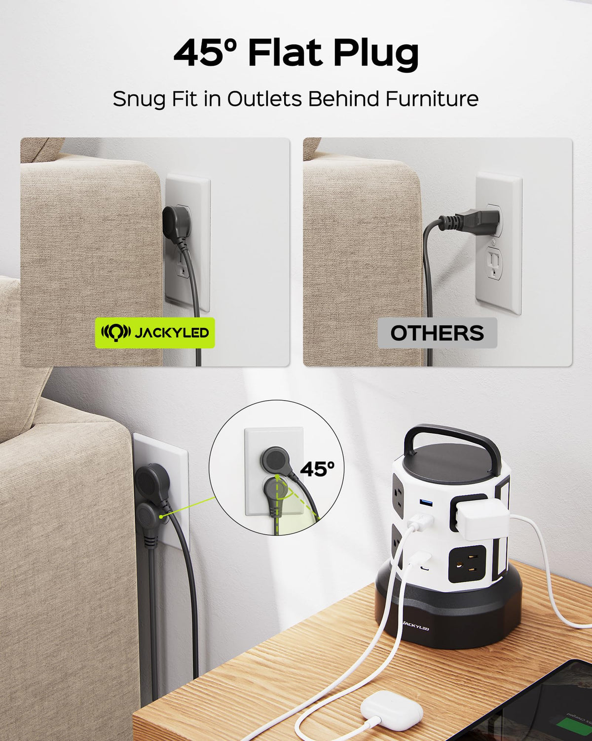 JACKYLED retractable cord rolled to save cable clutter and adjust reach benefit