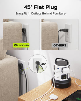 JACKYLED retractable cord rolled to save cable clutter and adjust reach benefit