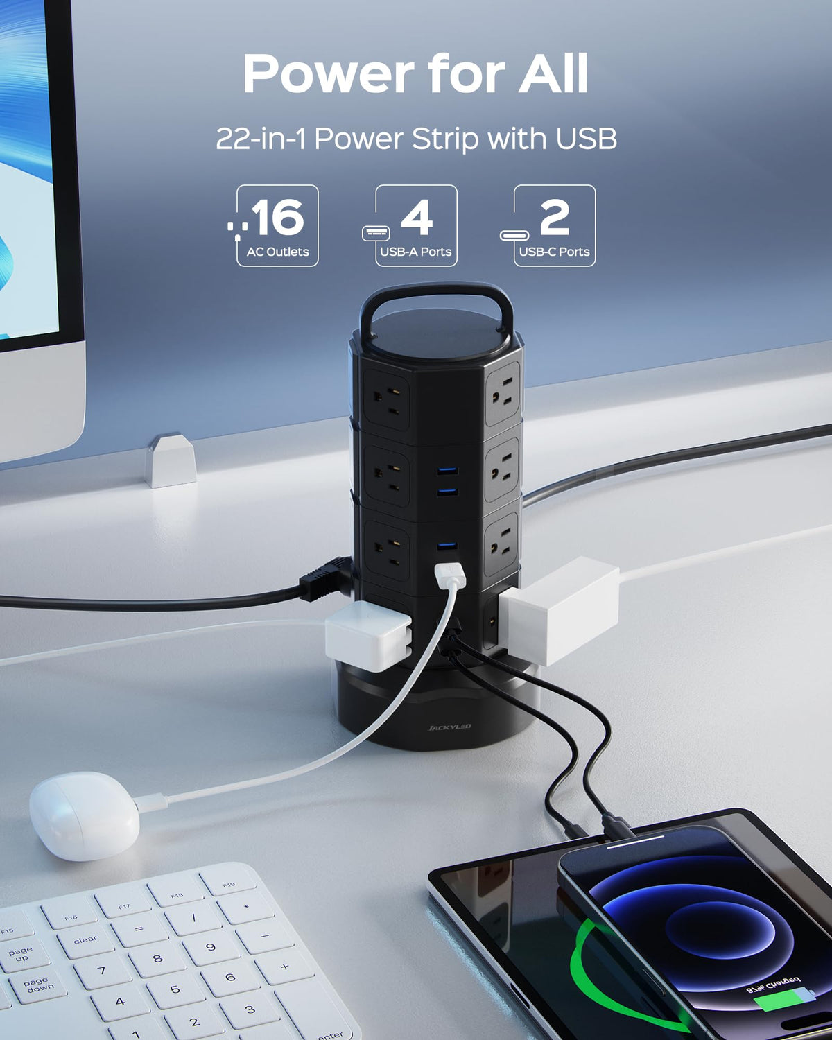 JACKYLED close-up of top ports showing two USB-C and four USB-A for fast charging