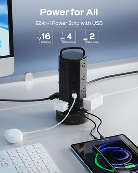 JACKYLED close-up of top ports showing two USB-C and four USB-A for fast charging