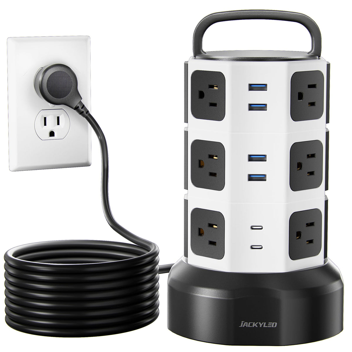 JACKYLED tower front view showing many outlets and compact footprint