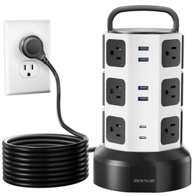 JACKYLED tower front view showing many outlets and compact footprint