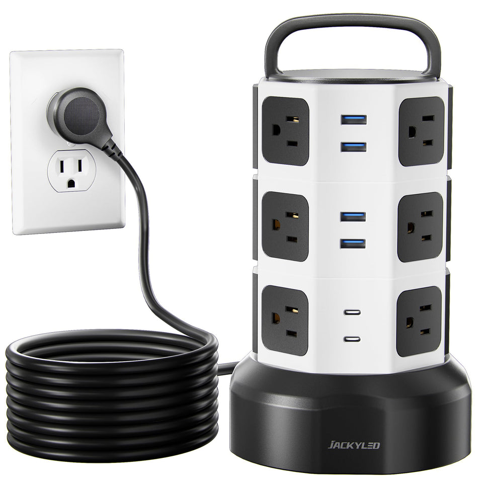 JACKYLED tower front view showing many outlets and compact footprint