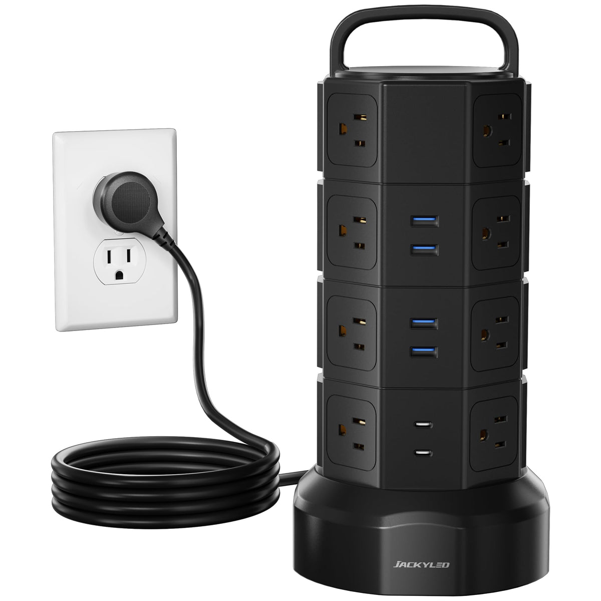 JACKYLED front view of power tower showing many outlets and compact footprint, organizes devices