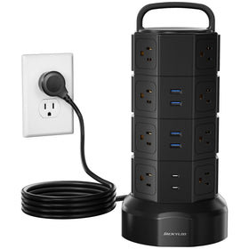 JACKYLED front view of power tower showing many outlets and compact footprint, organizes devices