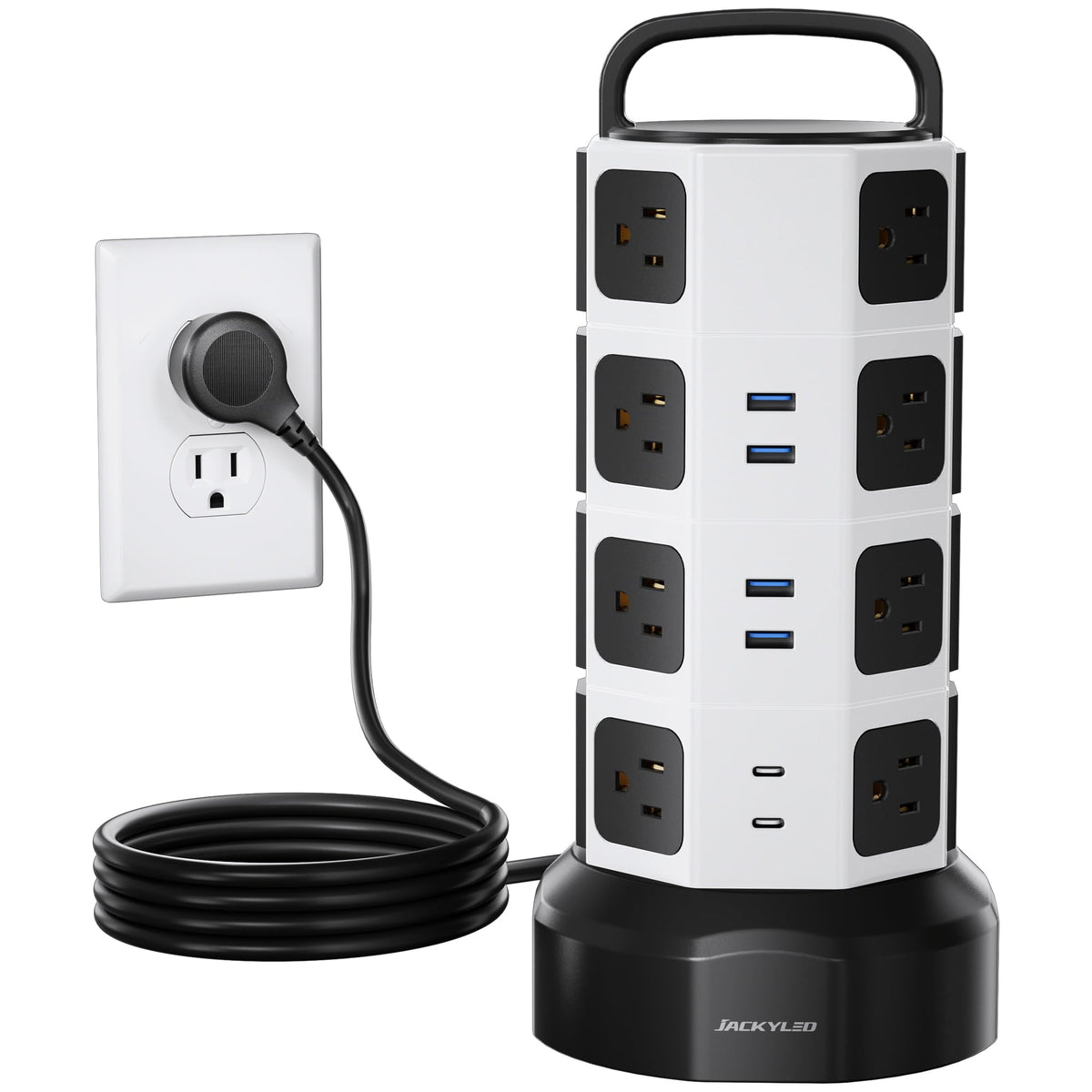 JACKYLED tower front view showing outlets and compact footprint for space-saving