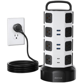 JACKYLED tower front view showing outlets and compact footprint for space-saving