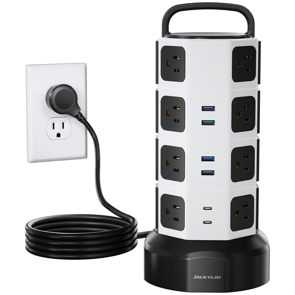 JACKYLED tower front view showing outlets and compact footprint for space-saving