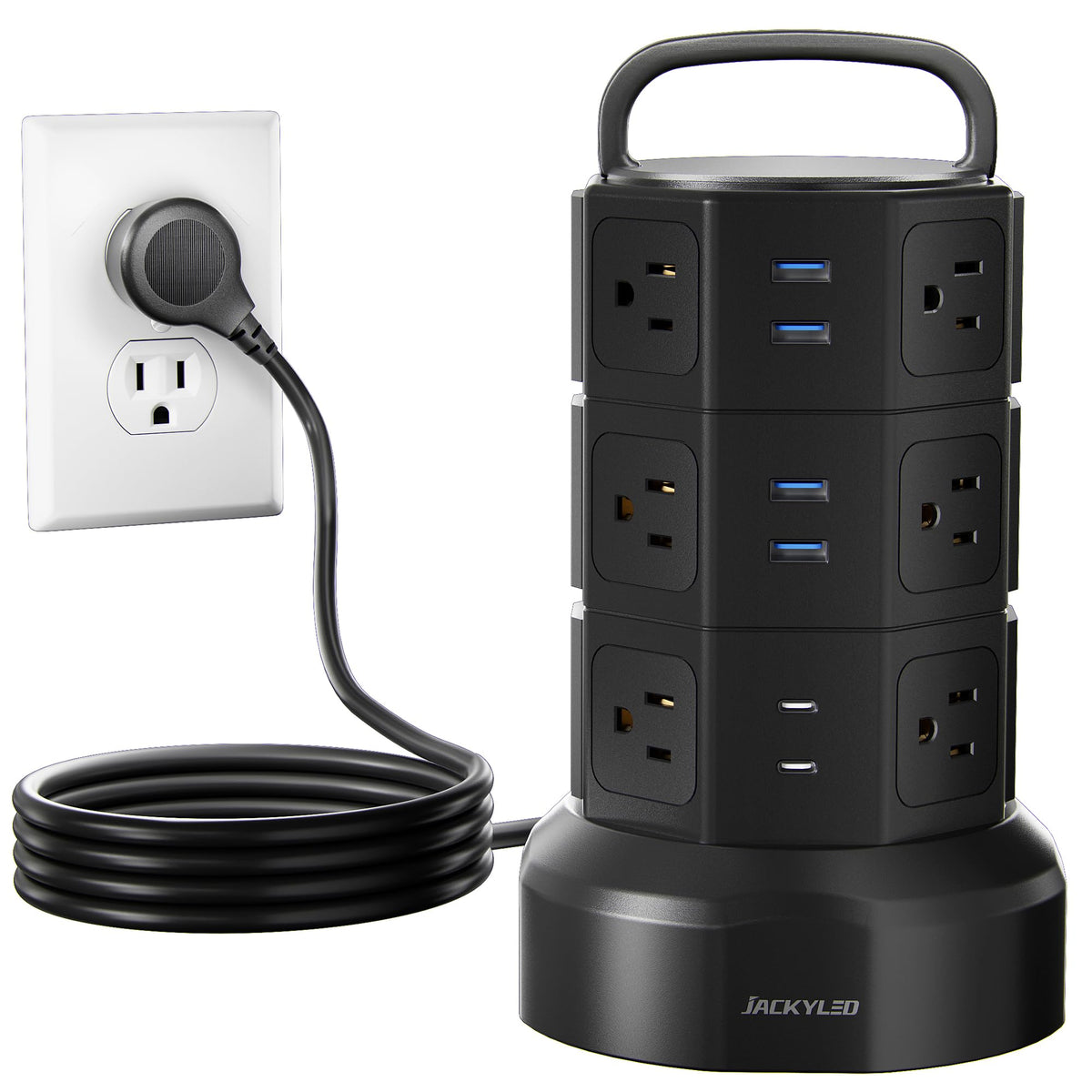 JACKYLED front view of tower showing all outlets and neat organization benefit