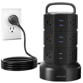 JACKYLED front view of tower showing all outlets and neat organization benefit