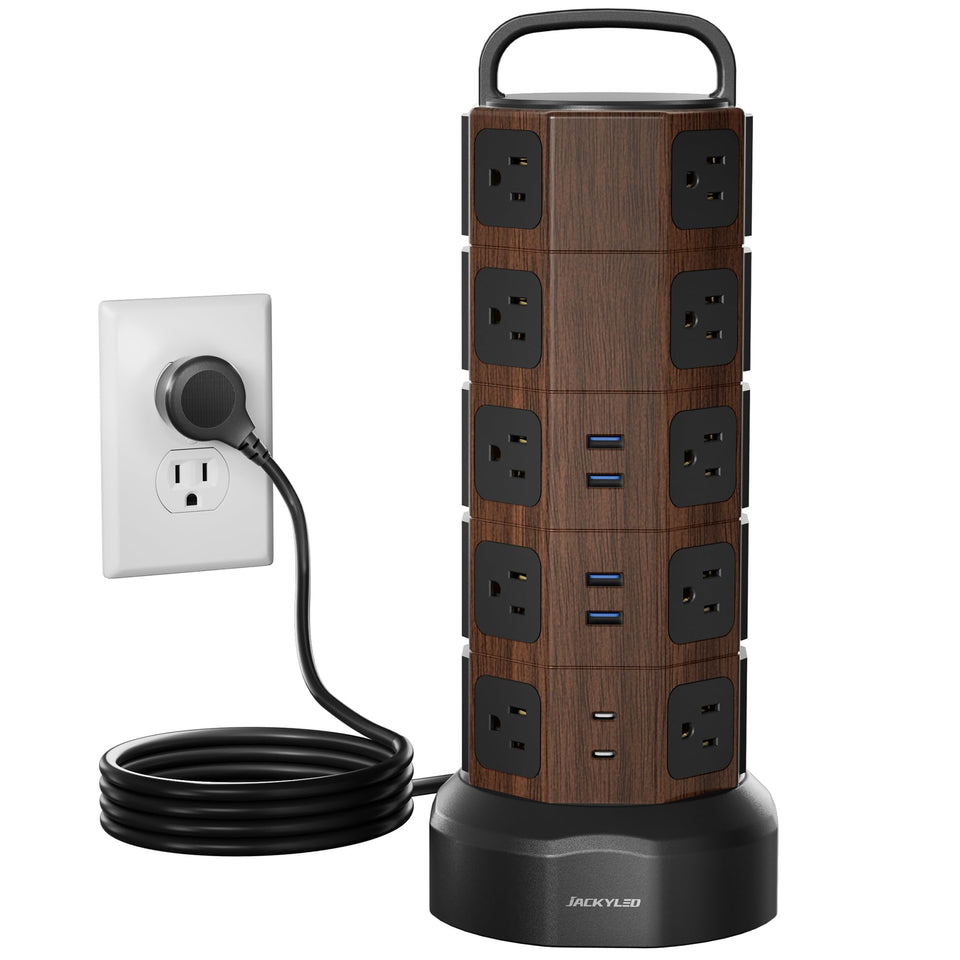 JACKYLED tower front view showing all outlets and compact footprint for organized charging