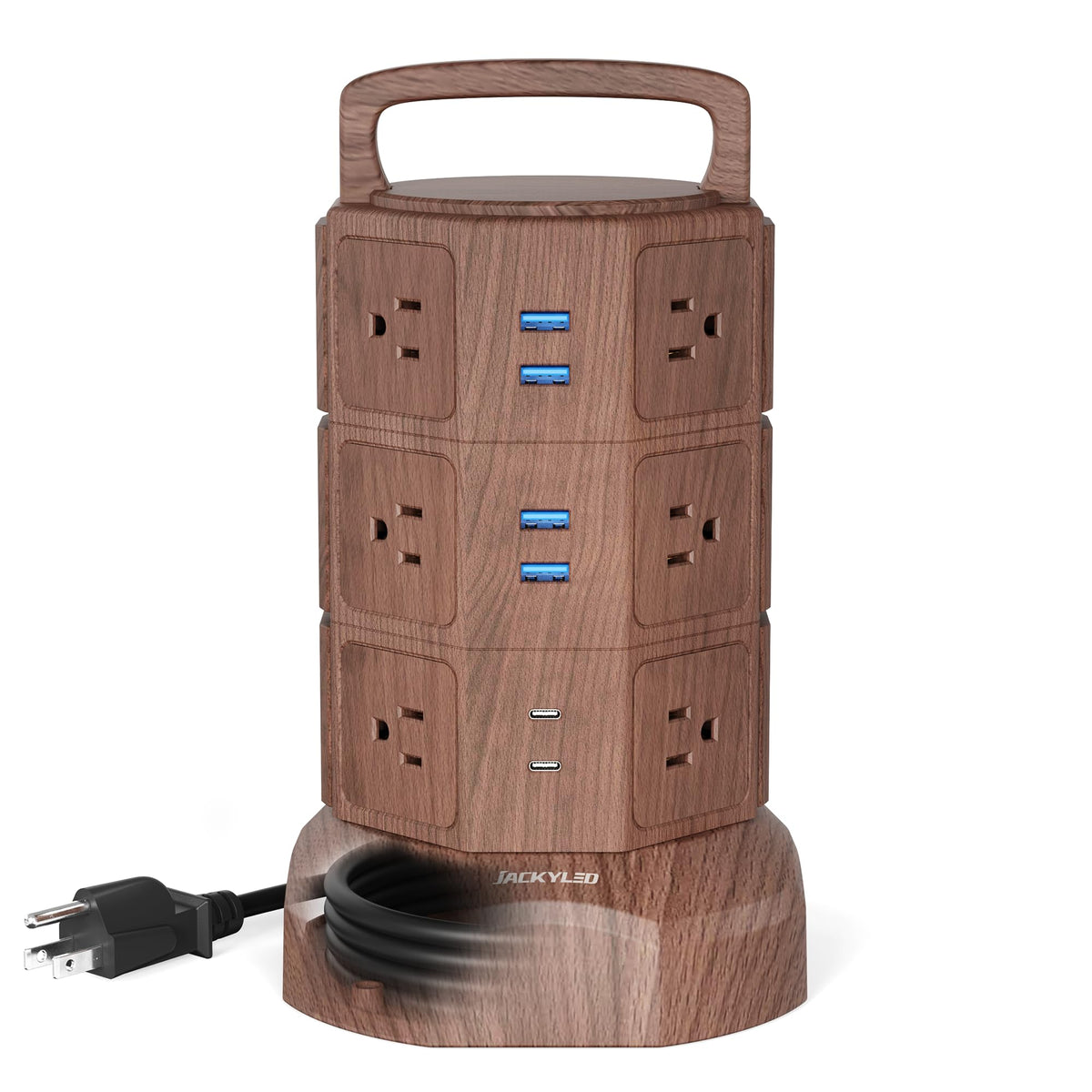JACKYLED product box and label showing included features and surge protector specs