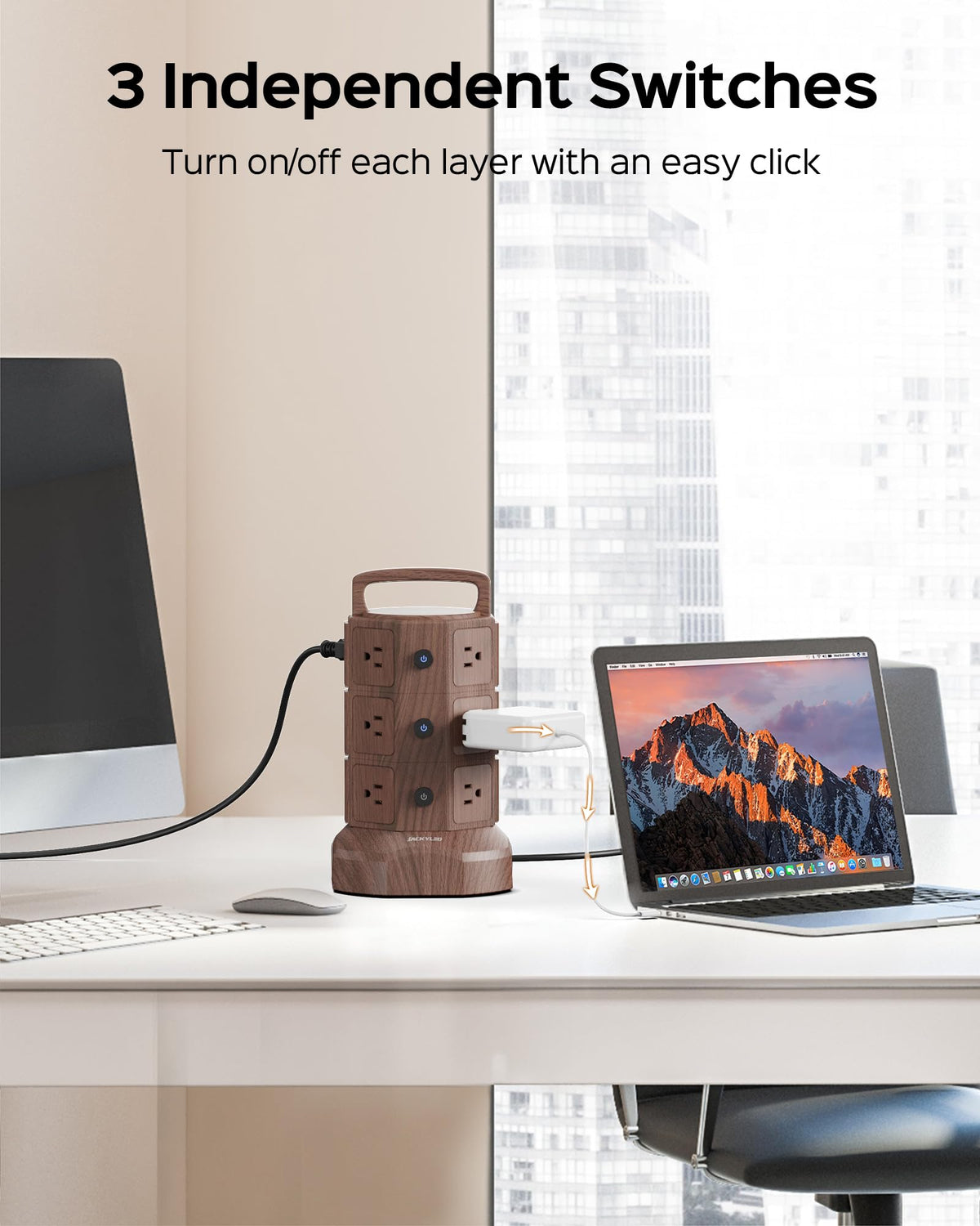 JACKYLED retractable 6.5ft cord and base showing tidy cable management benefit