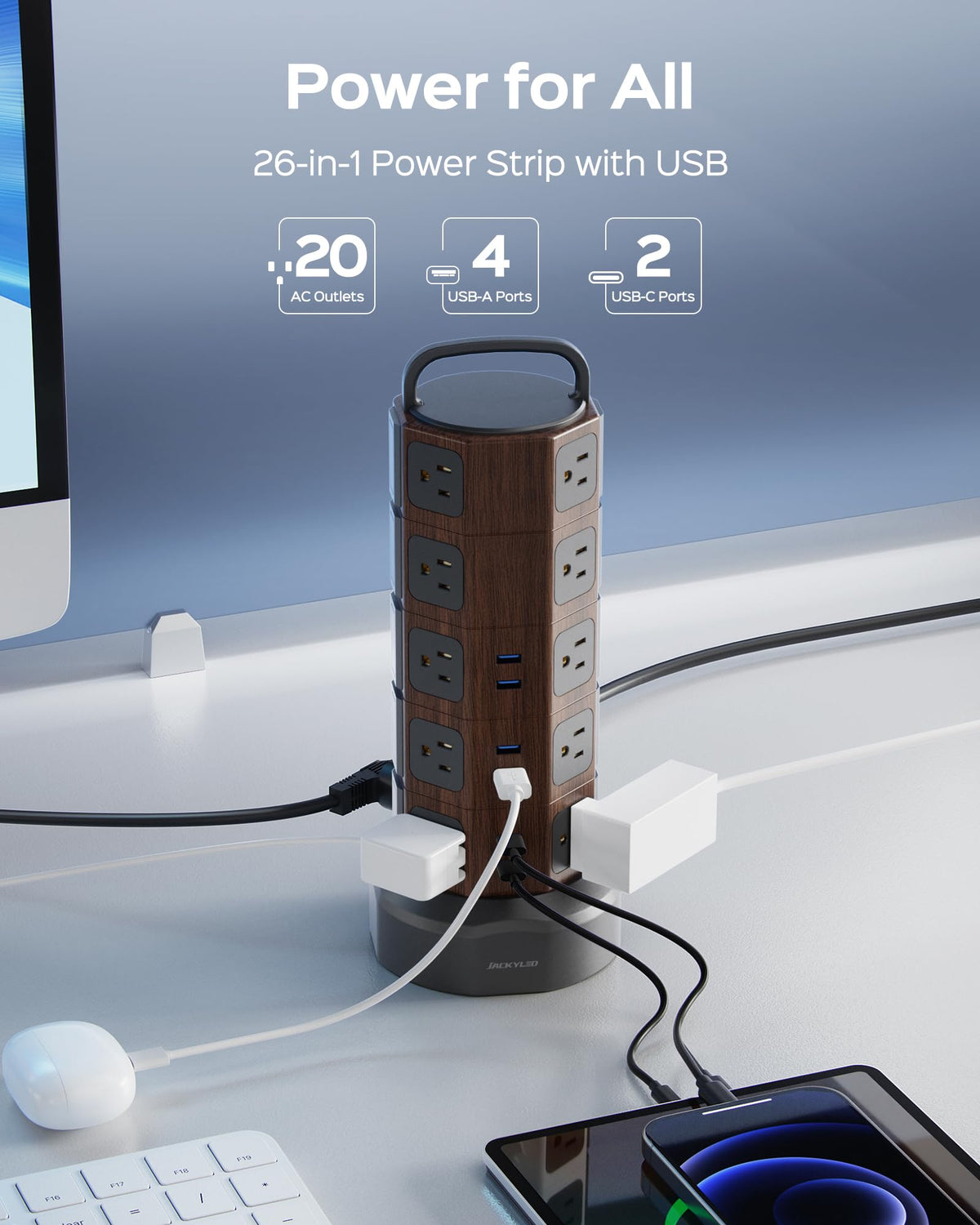 JACKYLED side detail with wide outlet spacing to prevent plug blocking and tangles