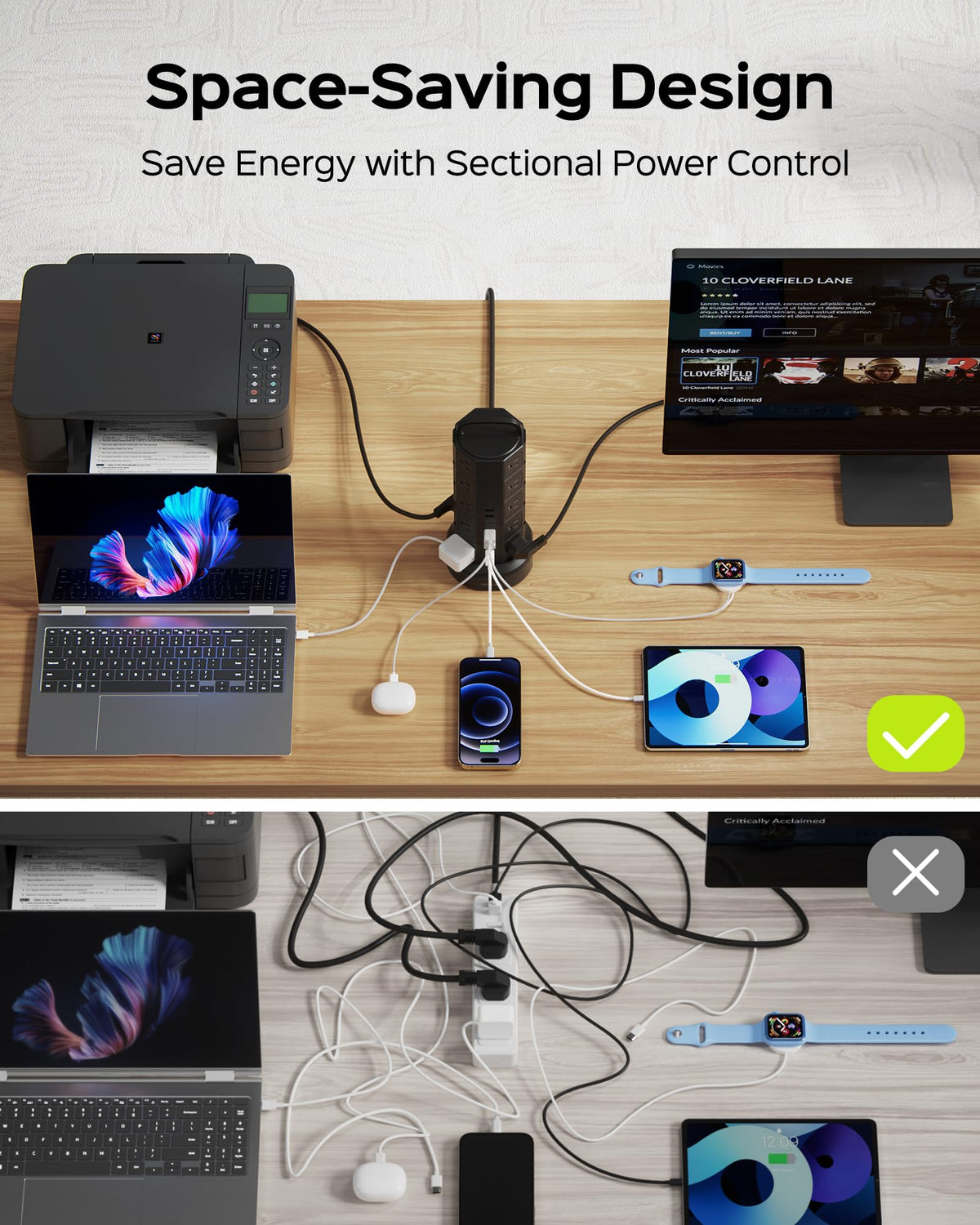 JACKYLED on a desk charging laptop and phone to reduce cable clutter