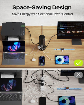 JACKYLED on a desk charging laptop and phone to reduce cable clutter