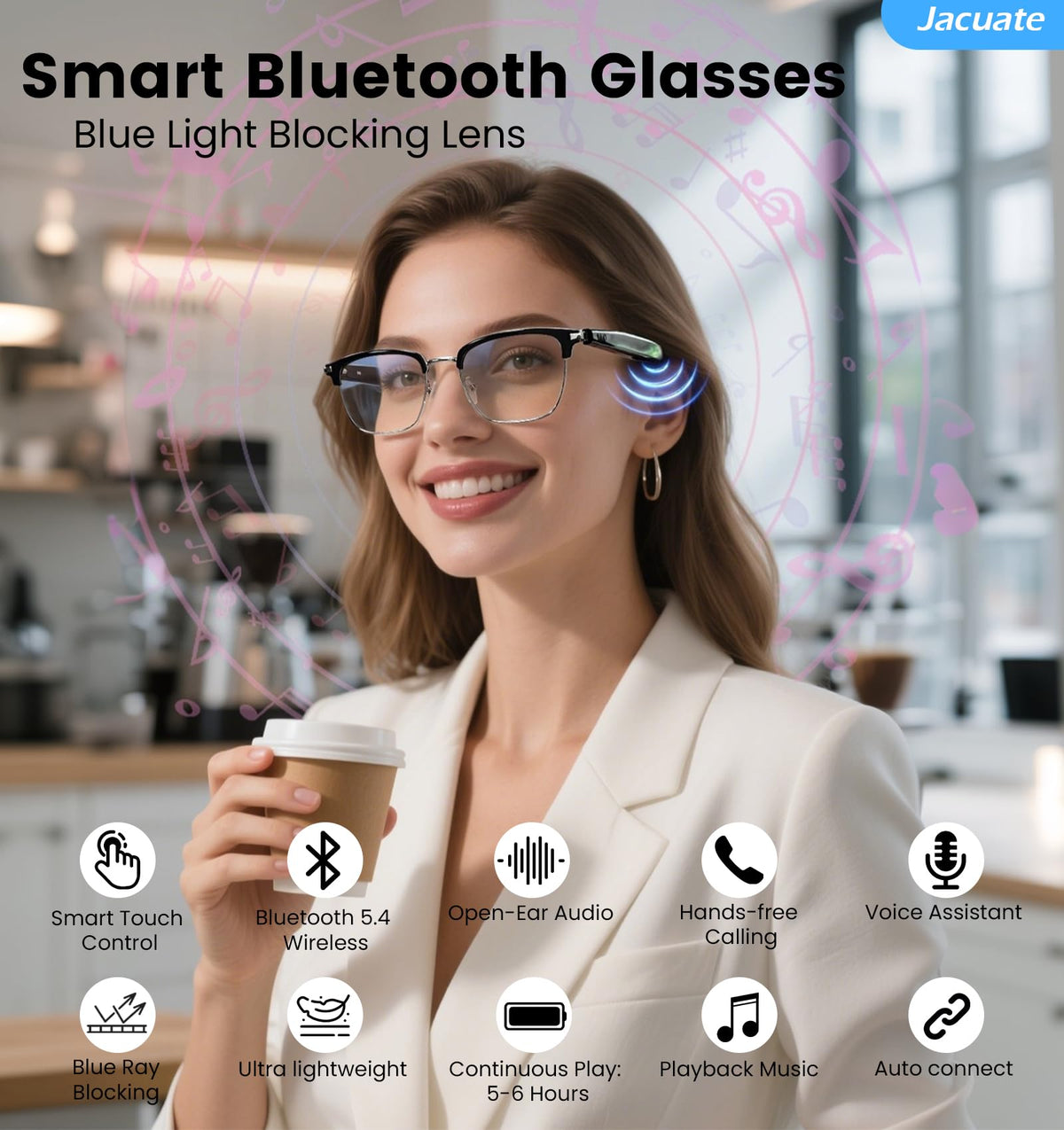 Jacuate auto-connect sensor activates when you open the temples for instant pairing.