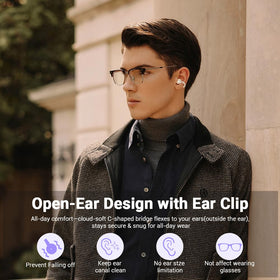 Jacuate clip-on profile on ear, comfortable secure fit for workouts and glasses