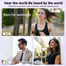 Jacuate earbuds worn while running, open-ear awareness and stable clip fit