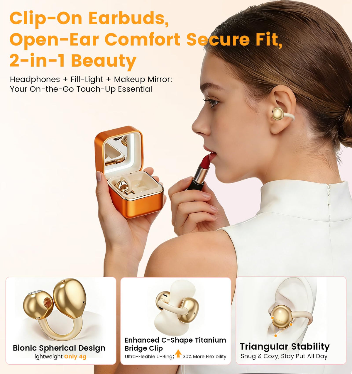 Jacuate lightweight clip-on earbuds weighing 4g each for long wear.