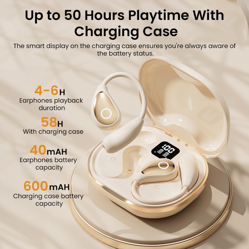 Jacuate Open Ear Earbuds showing 50h playtime for longer sessions