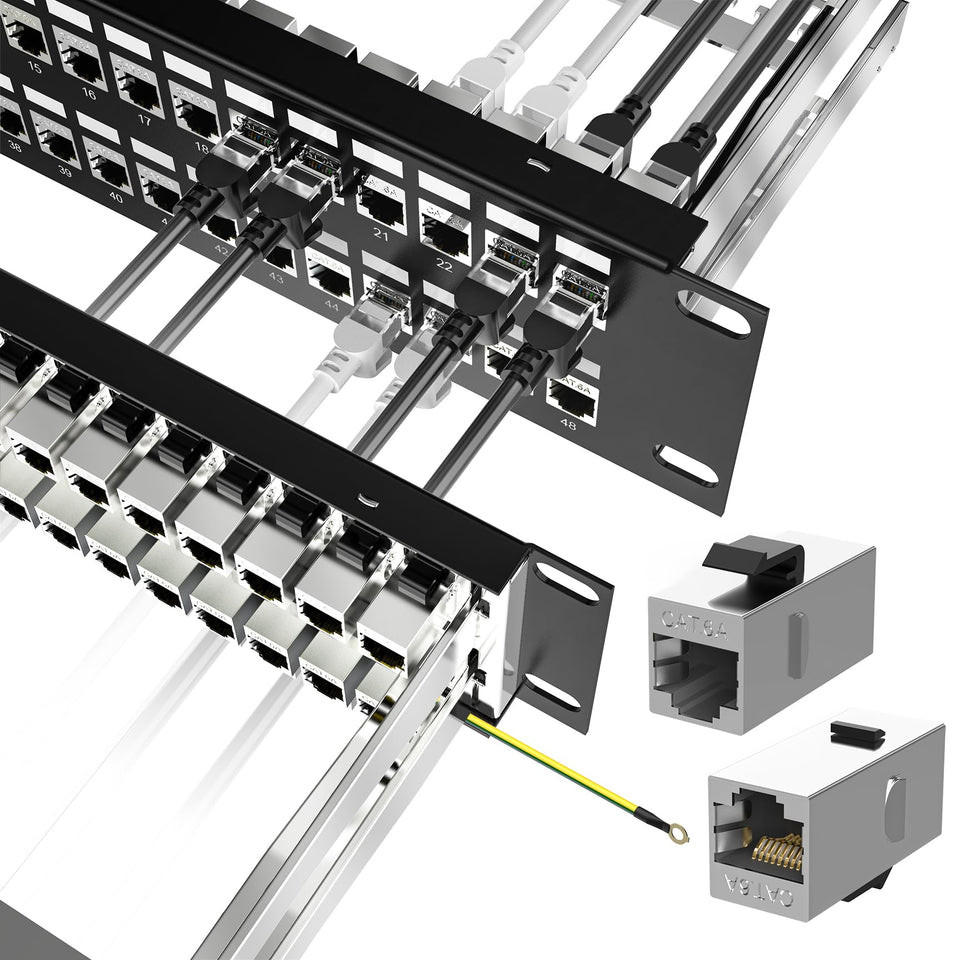 Jadaol 48-port Cat6A patch panel front view for tidy, high-density installations.