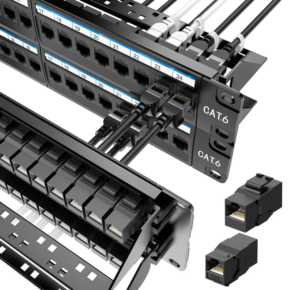 Jadaol 48-port patch panel front view with preloaded RJ45 keystones for quick setup