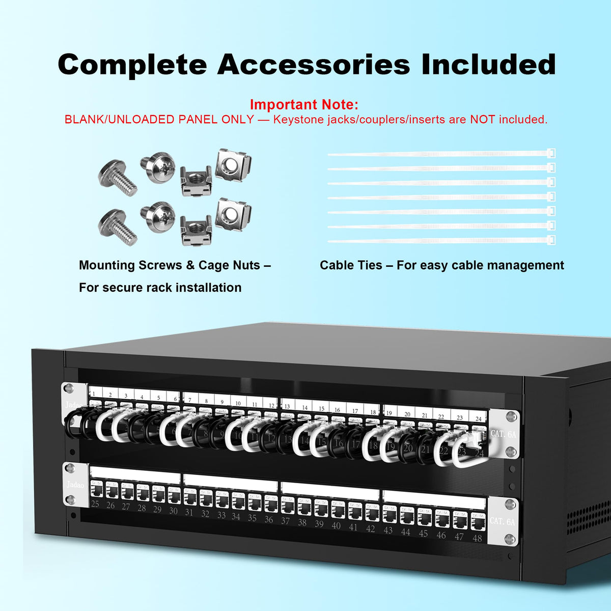 Jadaol 19-inch wall-mount ready patch panel back view showing mounting compatibility.