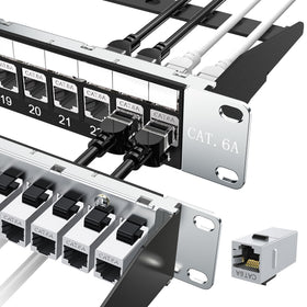 Jadaol front view of 24-port shielded Cat6A panel showing neat port row and benefit of organized connections
