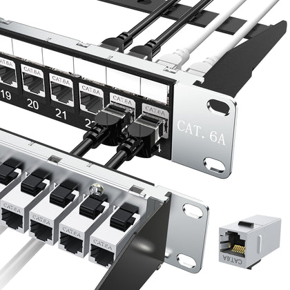 Jadaol front view of 24-port shielded Cat6A panel showing neat port row and benefit of organized connections