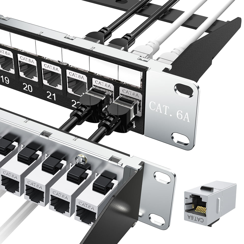 Jadaol front view of 24-port shielded Cat6A panel showing neat port row and benefit of organized connections