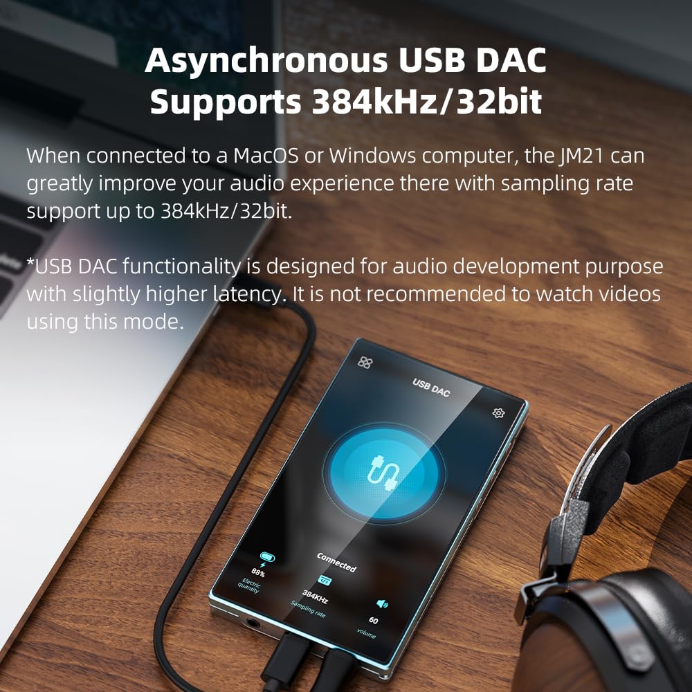 JadeAudio JM21 ports panel showcases USB DAC and accessory connections.