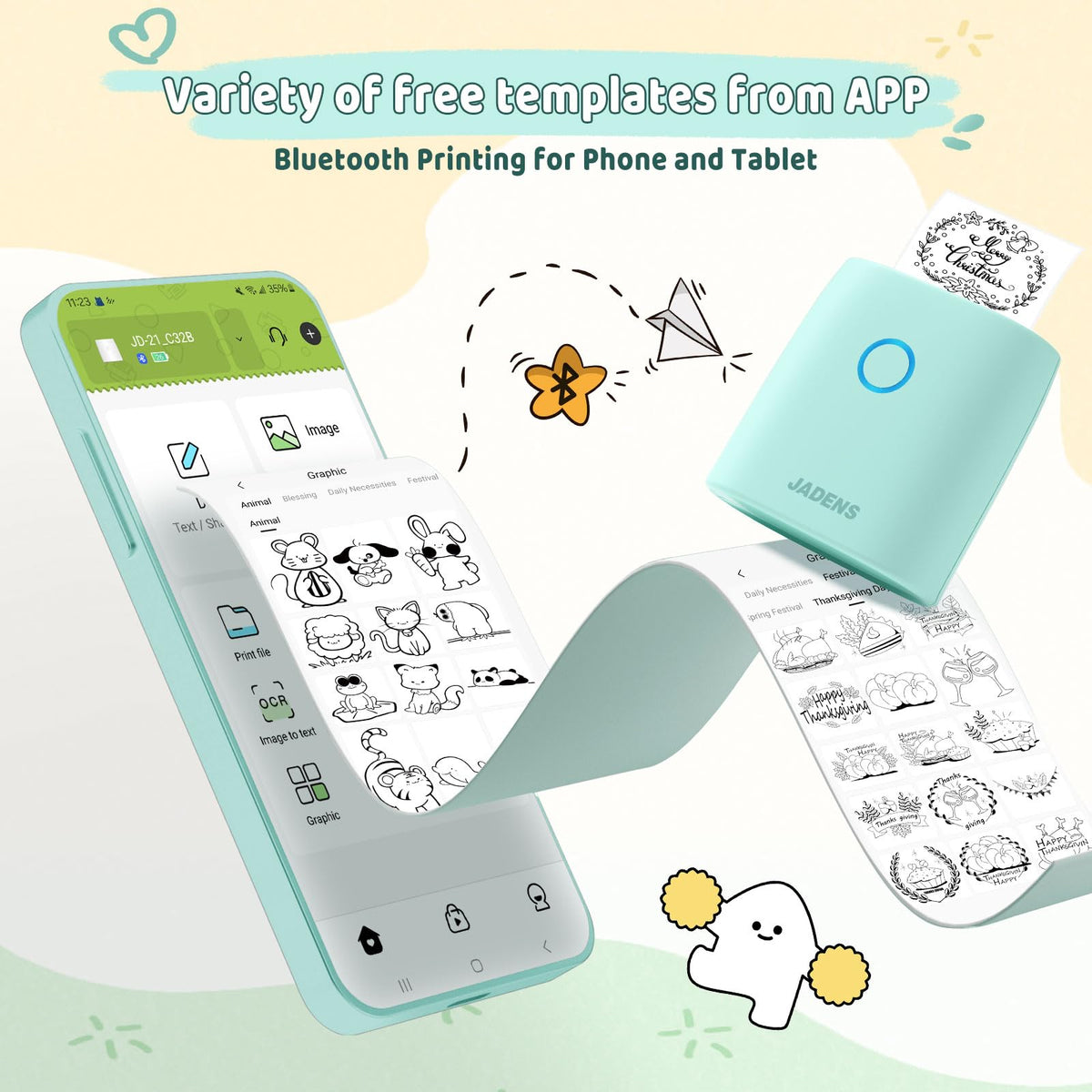 JADENS app interface enables text, images, and QR codes for stickers