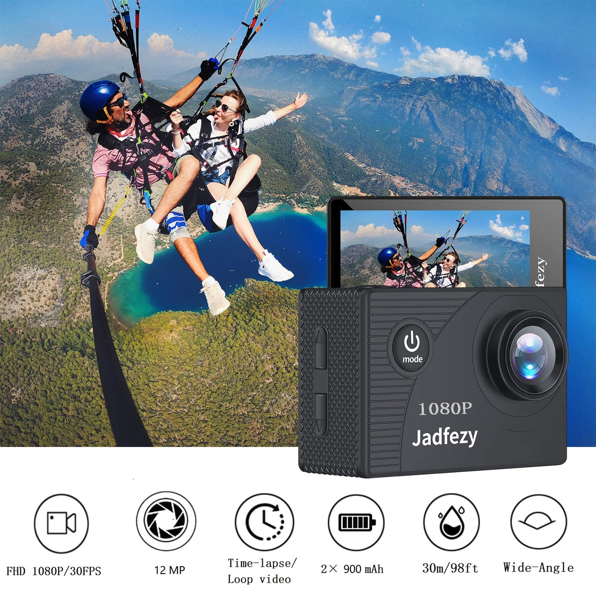 Jadfezy action camera 2-inch LCD display for instant playback.