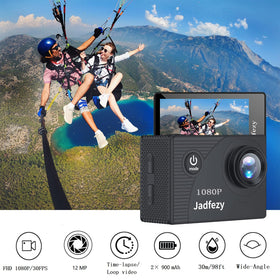 Jadfezy action camera 2-inch LCD display for instant playback.